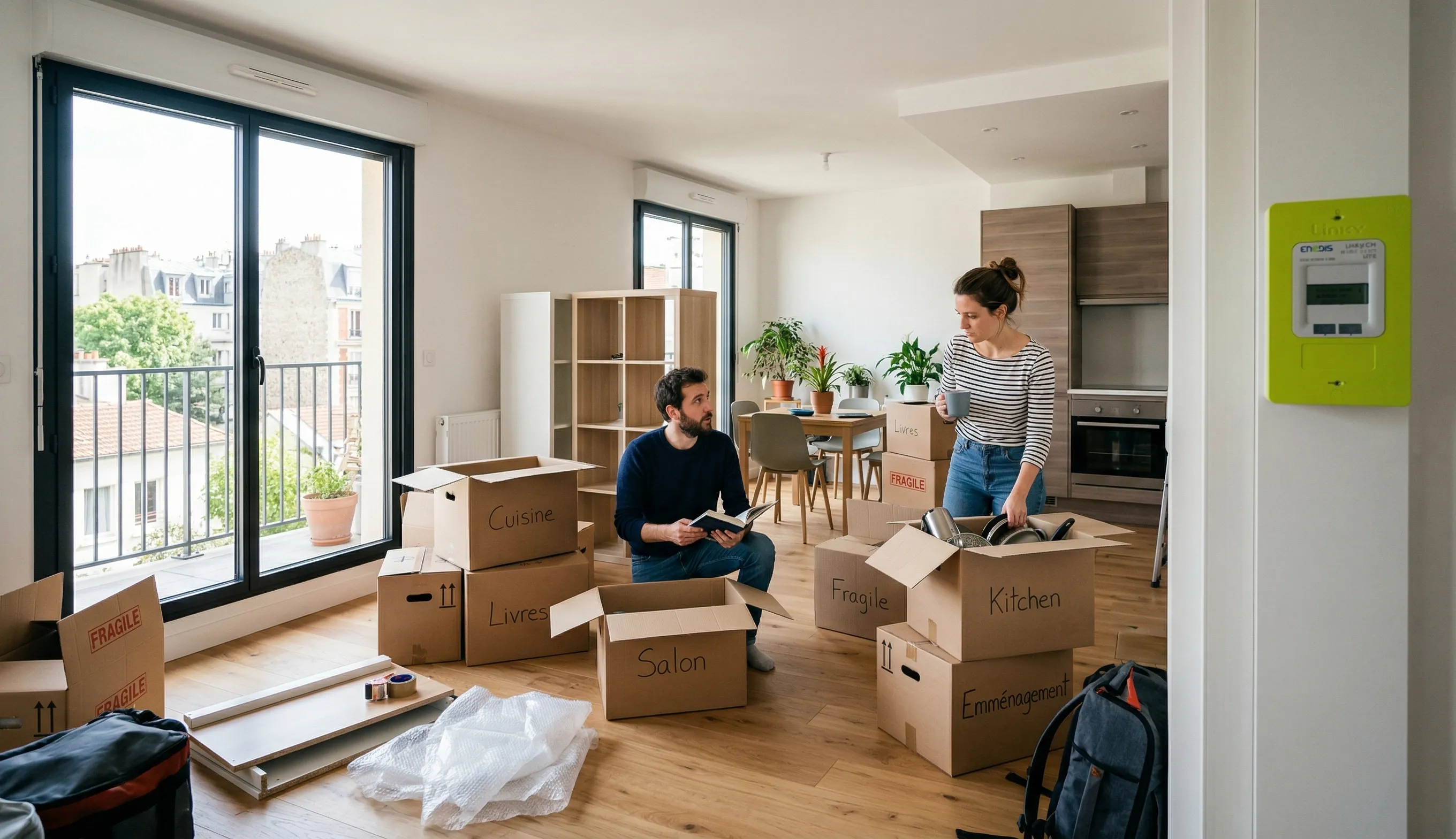 Couple emménageant dans un appartement avec cartons et compteur électrique Linky visible lors d’un changement de locataire