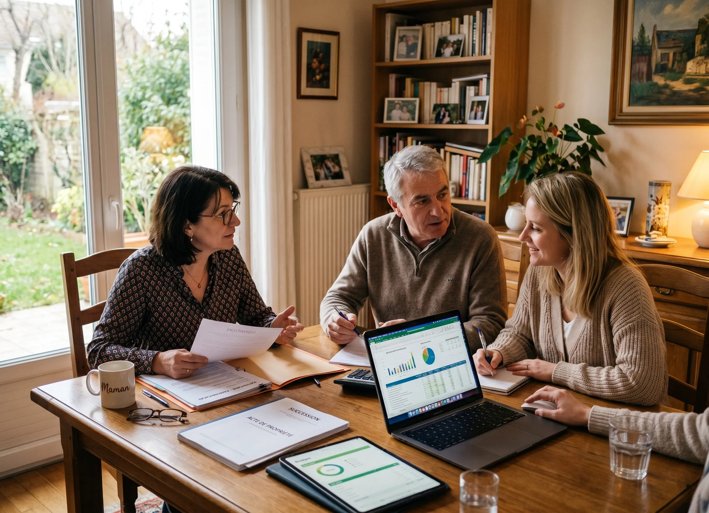 Famille préparant la transmission de patrimoine avec documents et conseils financiers
