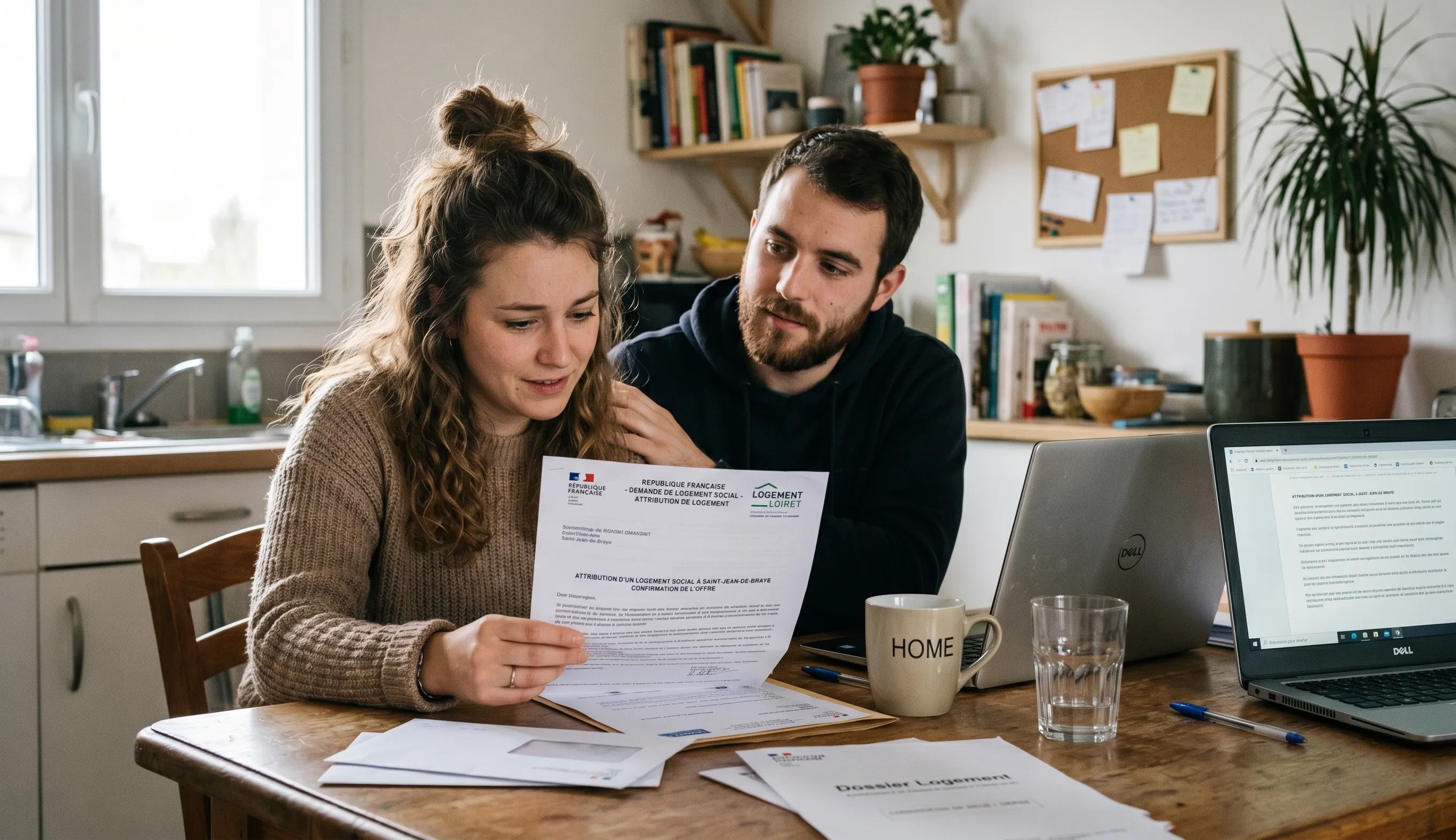 Couple consultant une réponse de commission logement social en rang 2