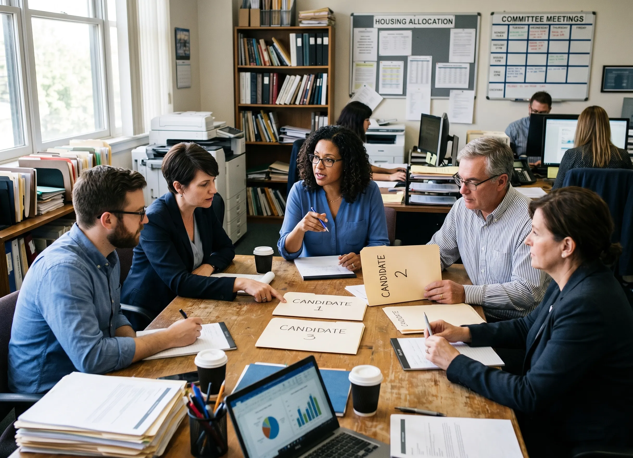 Commission d’attribution examinant plusieurs dossiers de logement social