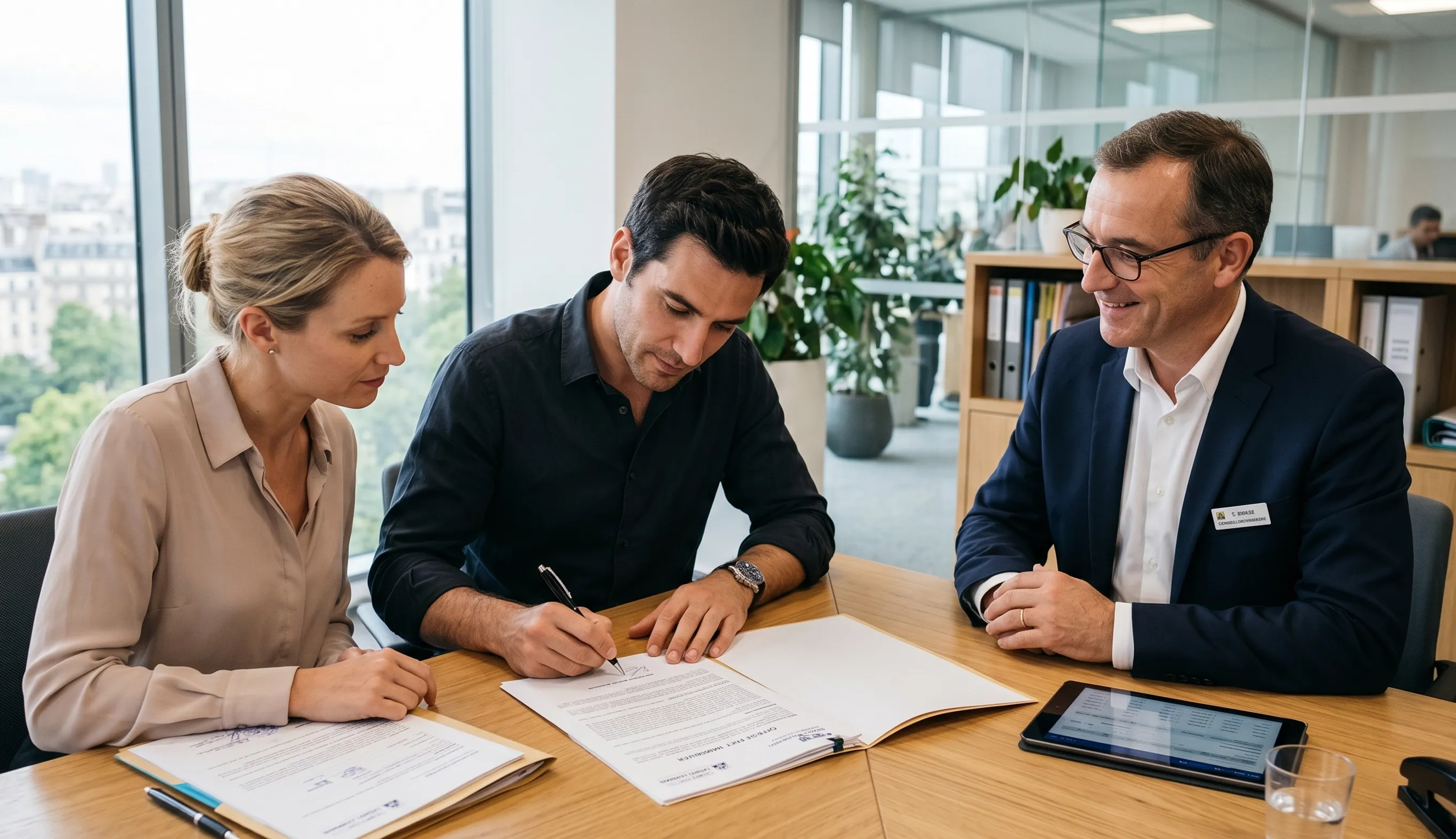 Signature d’une offre de prêt immobilier avec conseiller bancaire avant déblocage des fonds