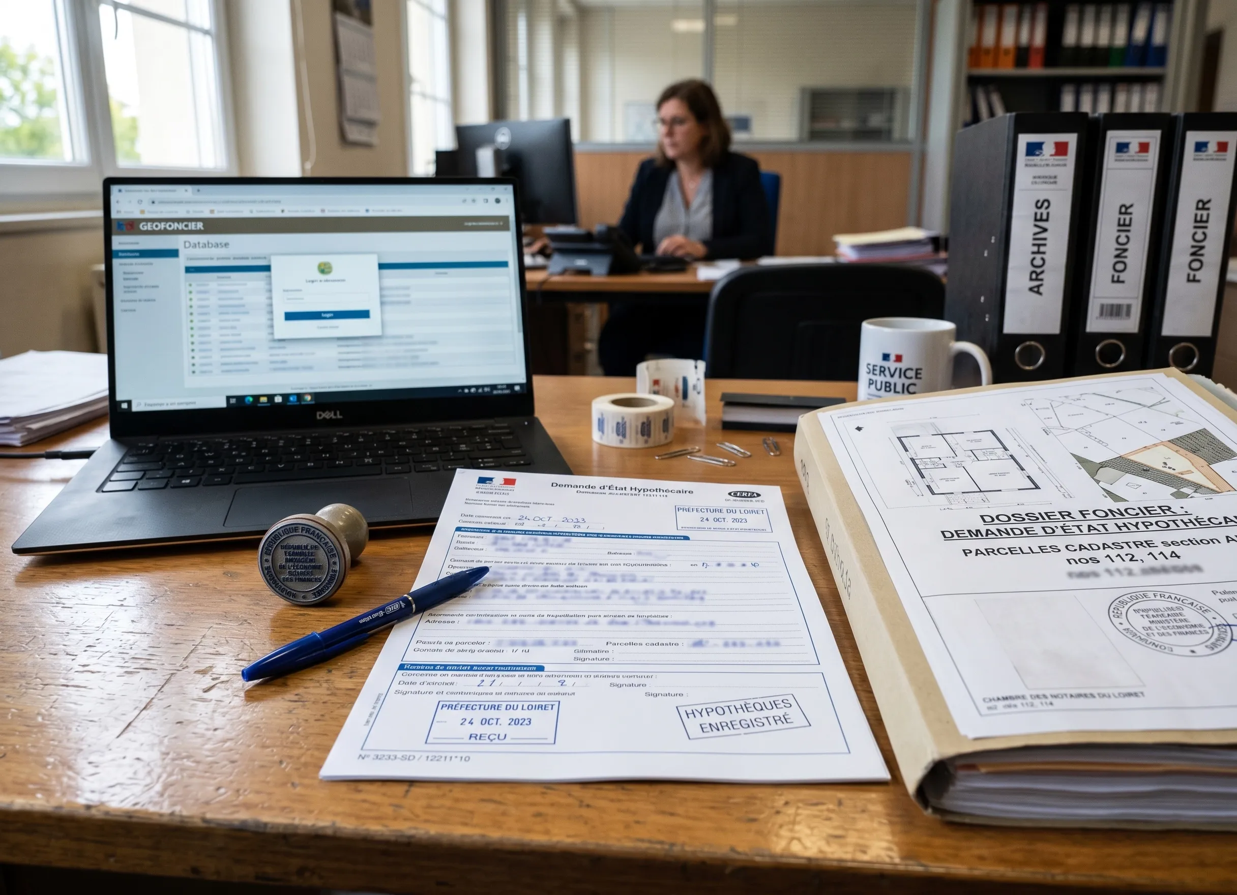 Formulaire administratif et documents fonciers pour demander un état hypothécaire au Service de Publicité Foncière