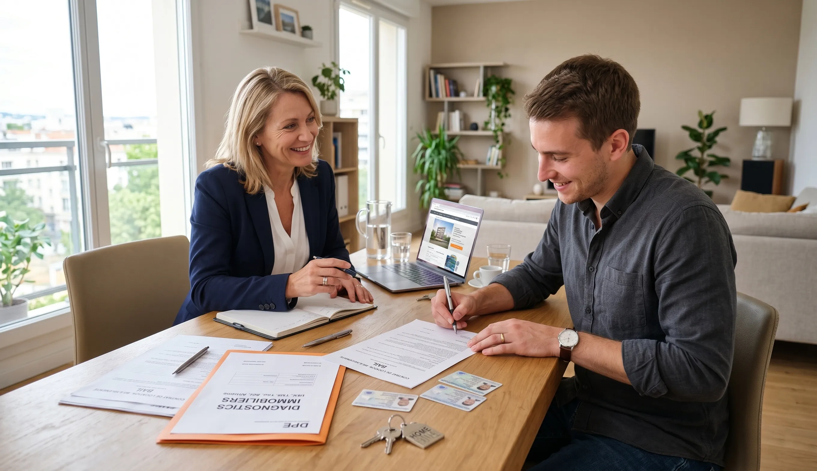Signature d’un bail de location entre propriétaire et locataire avec documents obligatoires sur la table