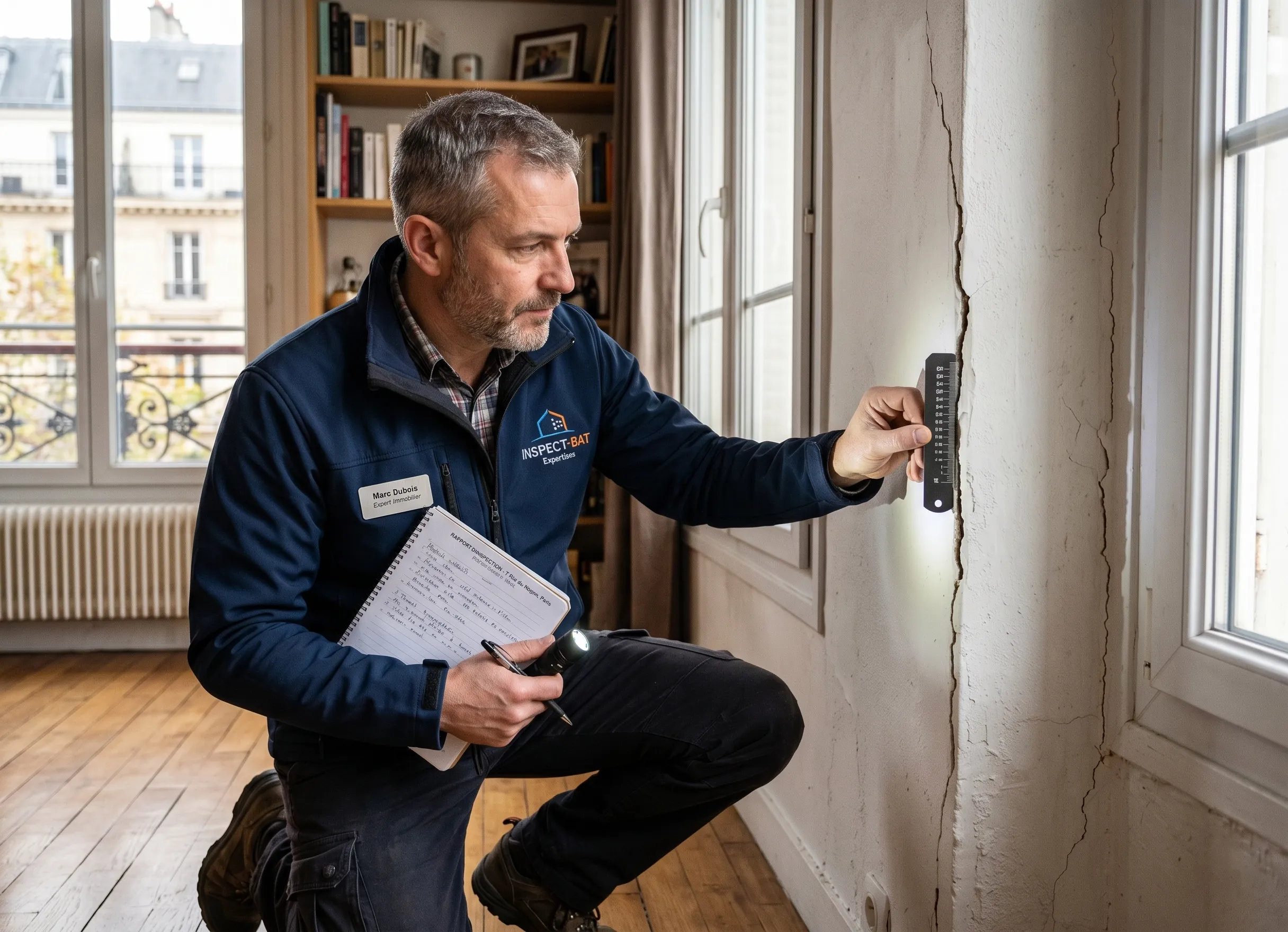 Expert en bâtiment inspectant des fissures pour prouver un vice caché dans un appartement