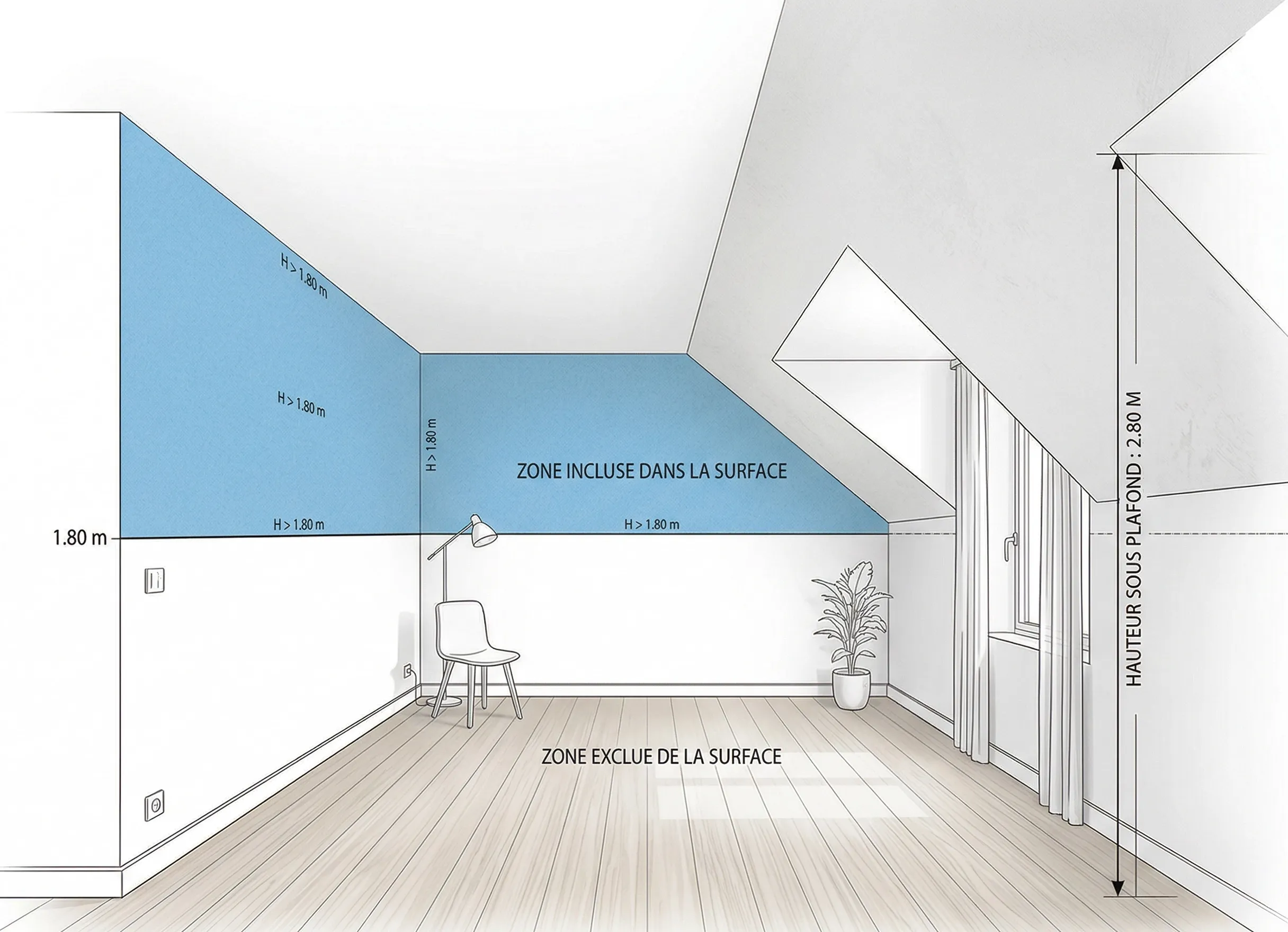 Schéma hauteur sous plafond 1,80 m minimum pour le calcul de la surface loi Carrez
