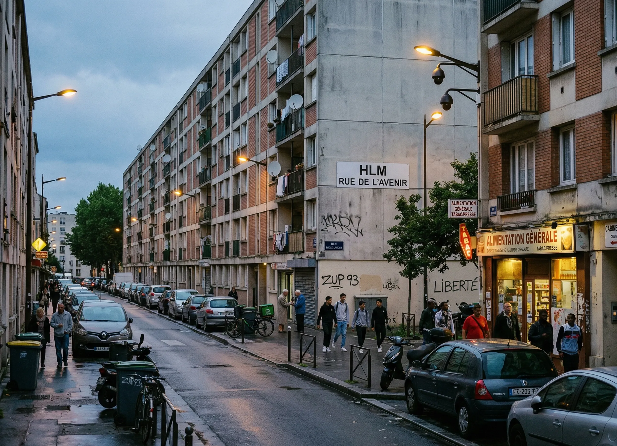 Rue du quartier Lille-Sud avec logements sociaux et ambiance urbaine sous surveillance