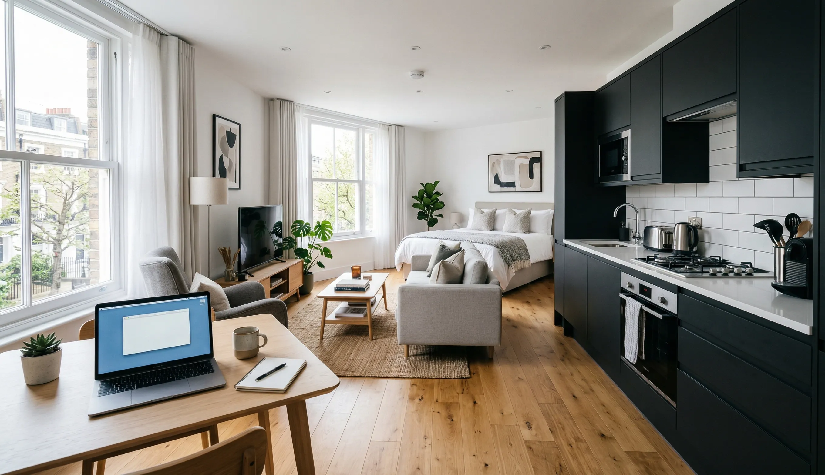 Appartement moderne meublé pour location courte durée, intérieur lumineux et haut de gamme, lit fait, cuisine équipée, gestion locative sur ordinateur portable