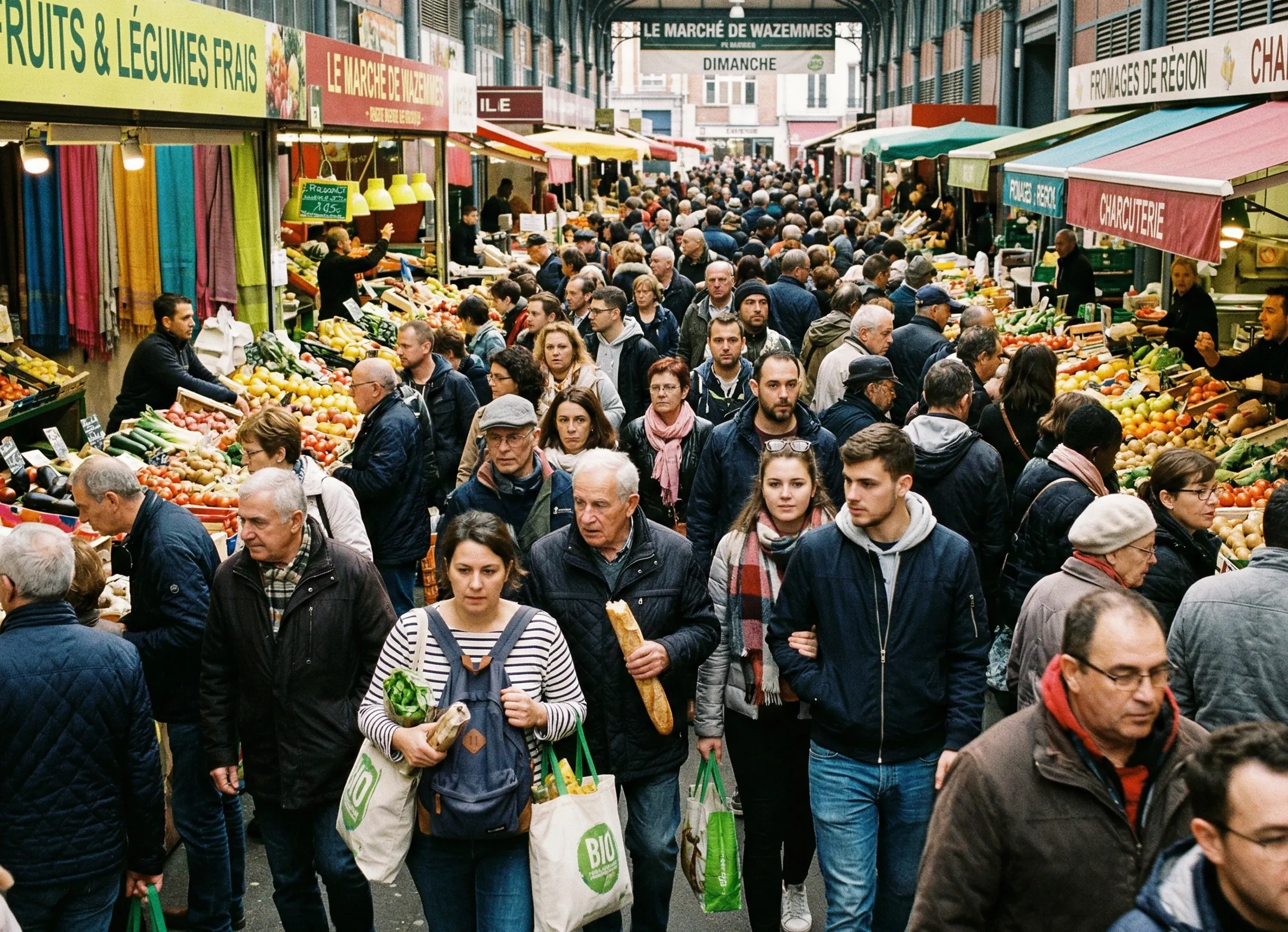 Marché de Wazemmes à Lille avec forte affluence et ambiance animée en journée