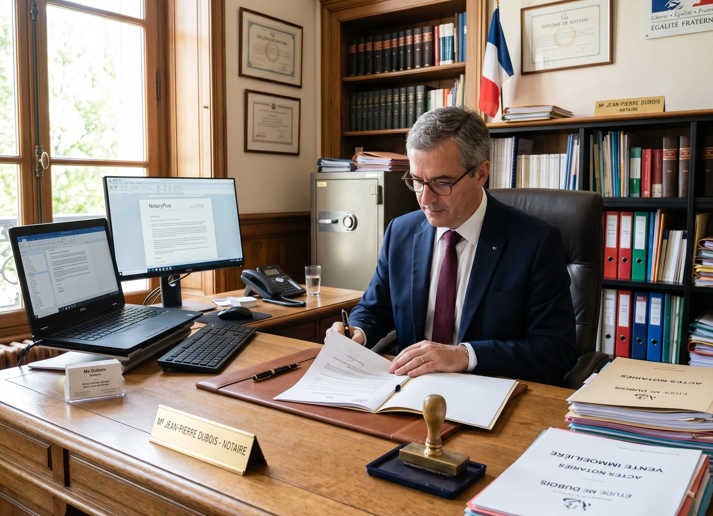 Notaire vérifiant le transfert des fonds sur compte séquestre avant signature de l’acte de vente