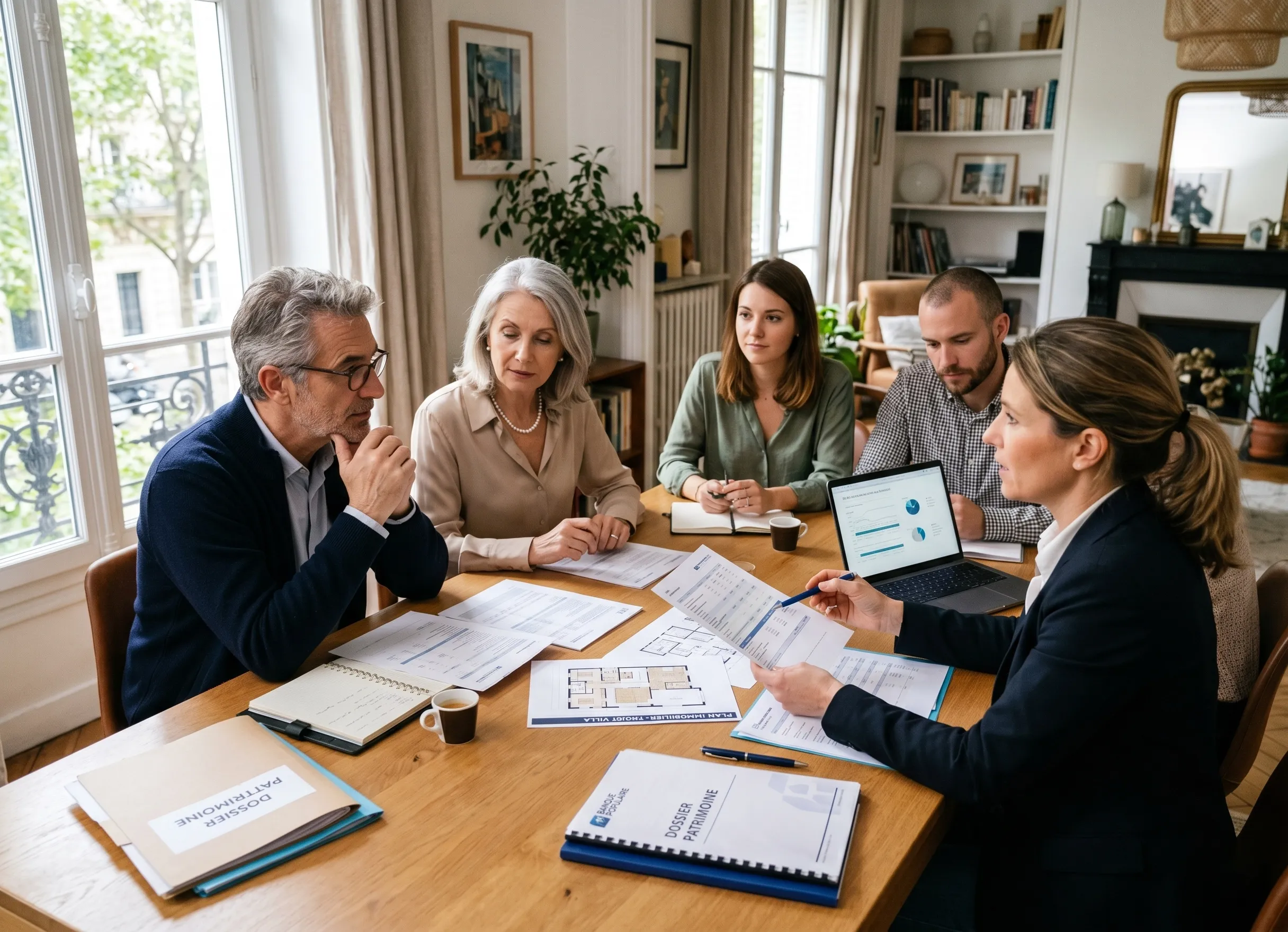 famille préparant une donation immobilière avec conseiller pour optimiser la transmission