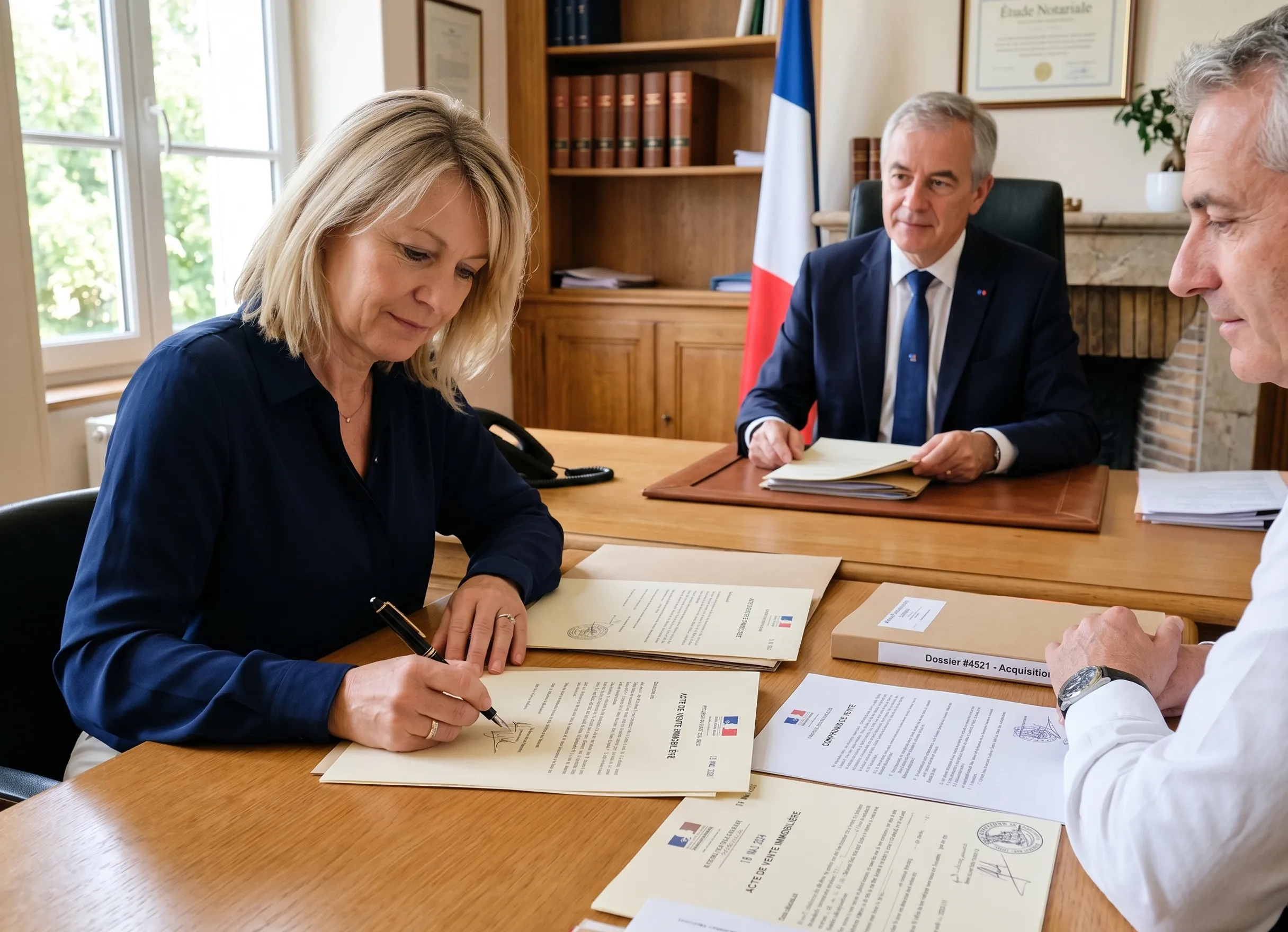 Signature de l’acte authentique chez le notaire lors d’une vente immobilière