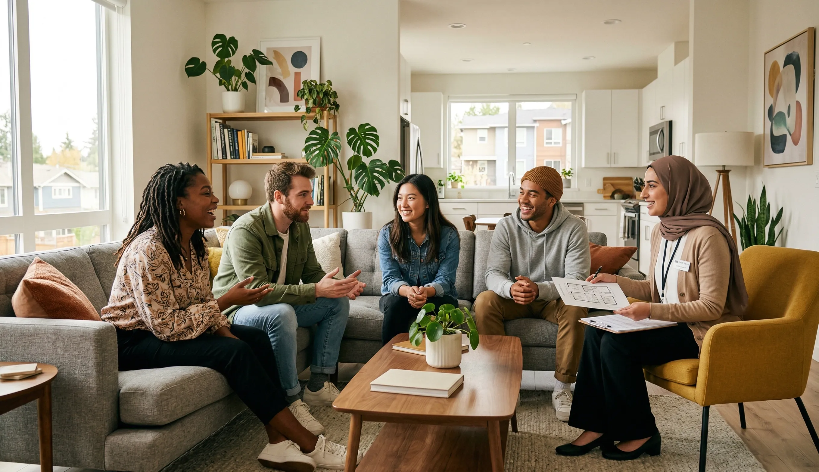 Groupe de jeunes adultes visitant un appartement en colocation lumineux et moderne