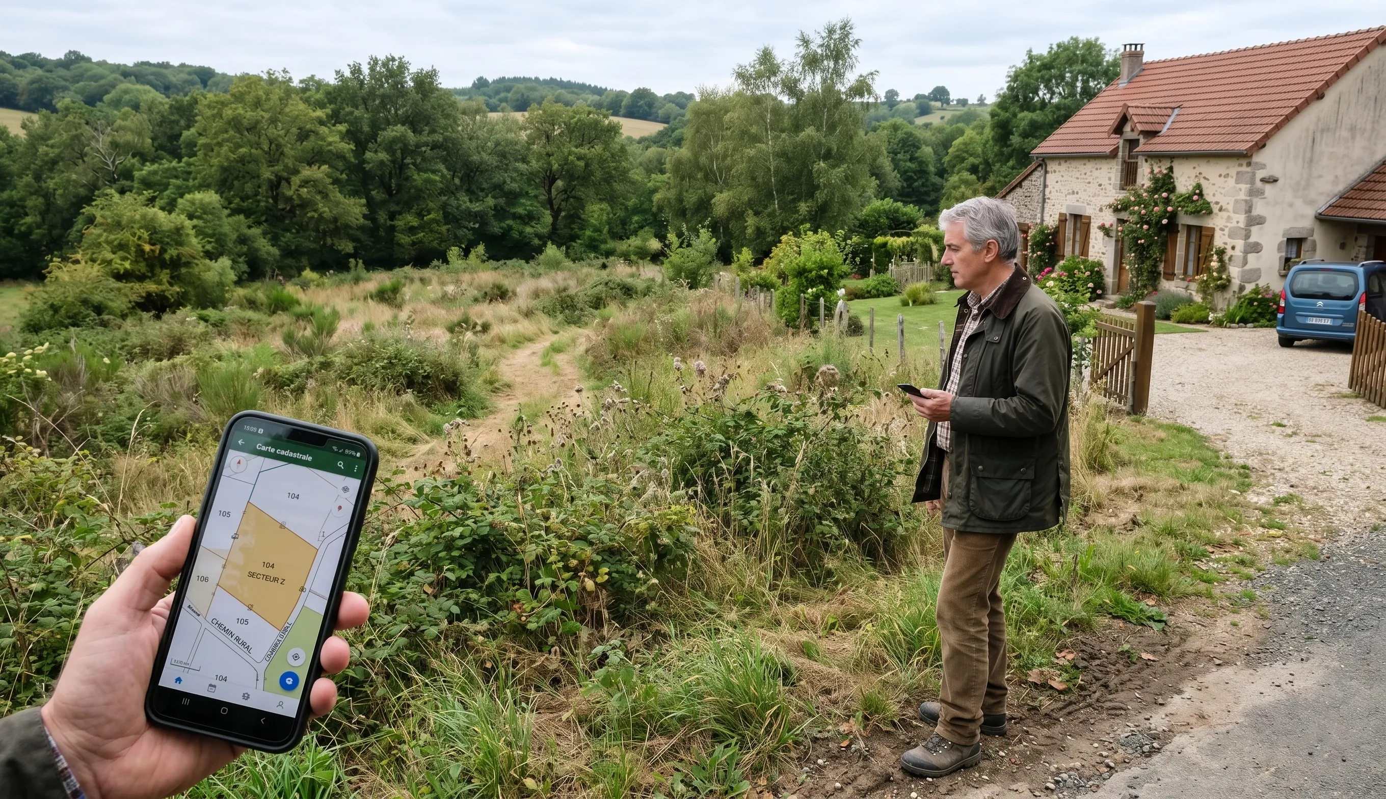 Personne observant un terrain en friche et consultant une carte cadastrale pour identifier le propriétaire d’une parcelle