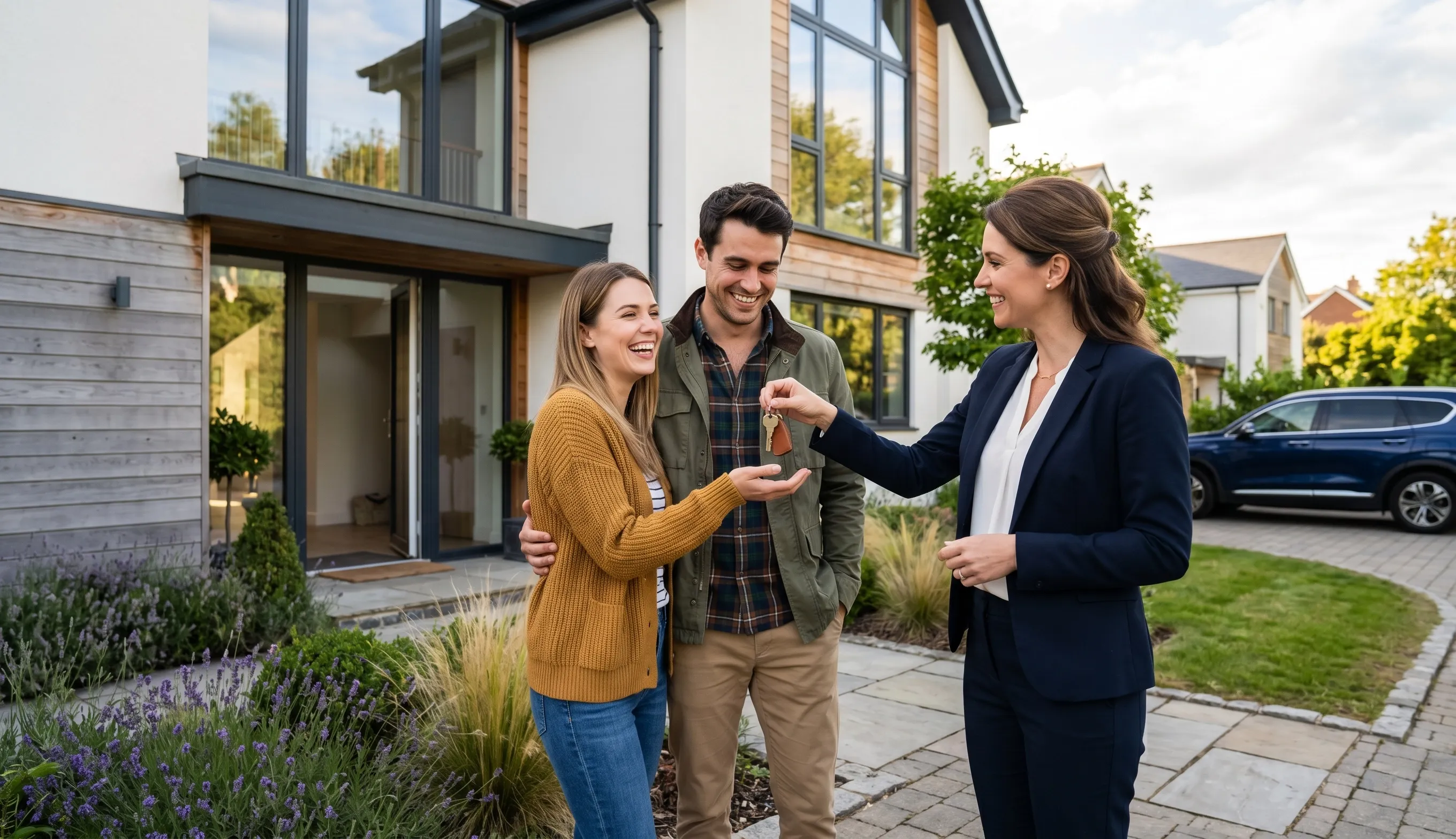 Agent immobilier remettant les clés à des acheteurs après une vente immobilière réussie