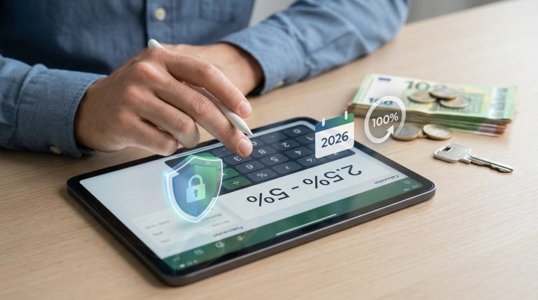 Une personne calcule les frais d'assurance loyer impayé 2026 sur tablette avec bouclier, argent et clé symboliques.