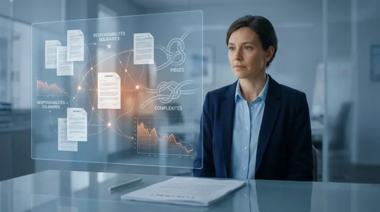 Une femme d'affaires examinant des contrats et risques complexes sur une interface numérique holographique.