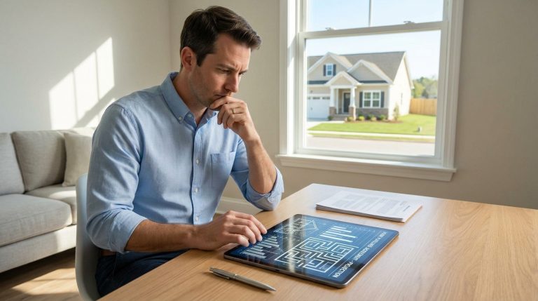 Un homme en chemise bleue réfléchit devant sa tablette affichant des données financières et une maison en arrière-plan.