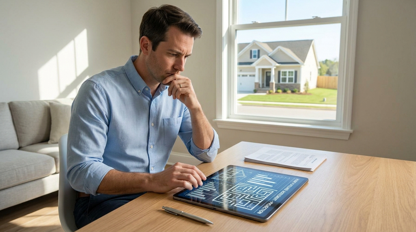 Un homme en chemise bleue réfléchit devant sa tablette affichant des données financières et une maison en arrière-plan.