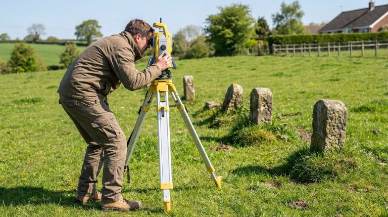 Un géomètre-expert utilise un théodolite jaune sur un terrain herbeux avec des bornes de pierre pour le bornage.