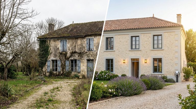 Comparaison avant et après d'une maison en pierre rénovée, passant d'un aspect délabré à une façade moderne et lumineuse.