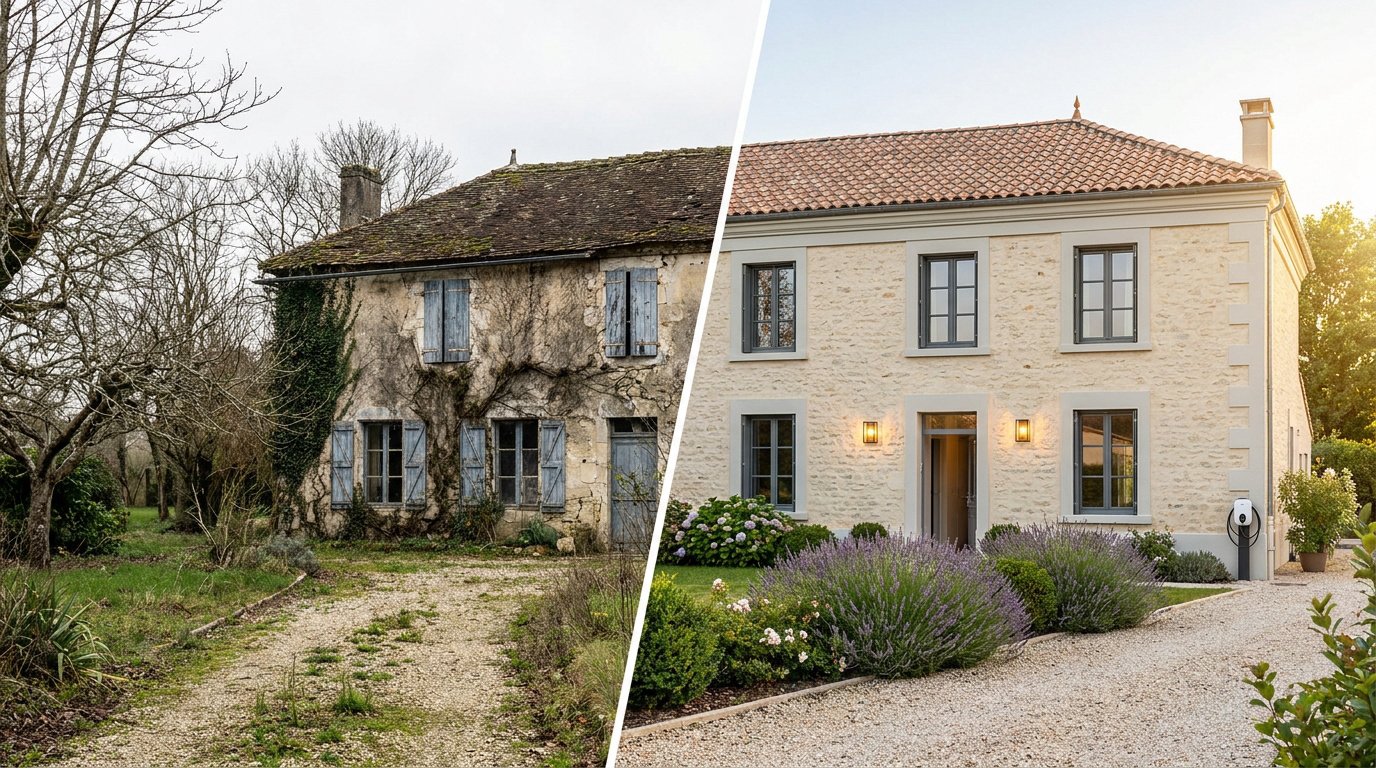 Comparaison avant et après d'une maison en pierre rénovée, passant d'un aspect délabré à une façade moderne et lumineuse.