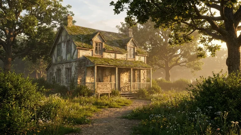 Une vieille maison en pierre avec un panneau "Home Opportunity" devant, entourée d'un jardin fleuri et d'arbres.