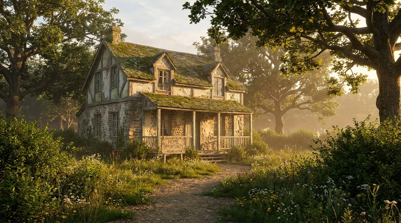 Une vieille maison en pierre avec un panneau "Home Opportunity" devant, entourée d'un jardin fleuri et d'arbres.