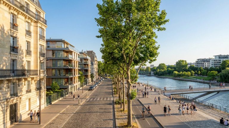 Quartier ensoleillé de Boulogne-Billancourt : immeubles anciens et modernes, rue pavée, Seine, promenade animée et verdure.
