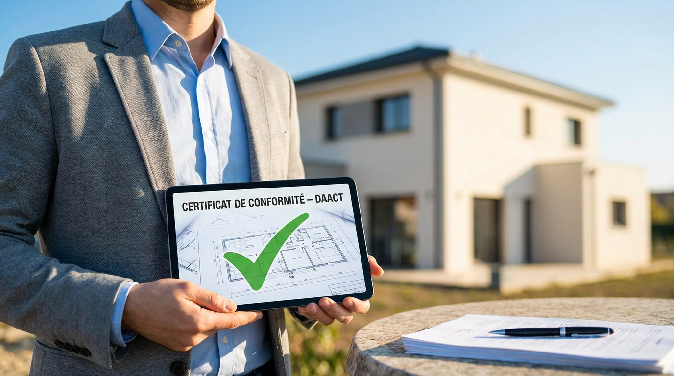 Un homme tient une tablette affichant un certificat de conformité DAACT validé. Une maison est en arrière-plan.