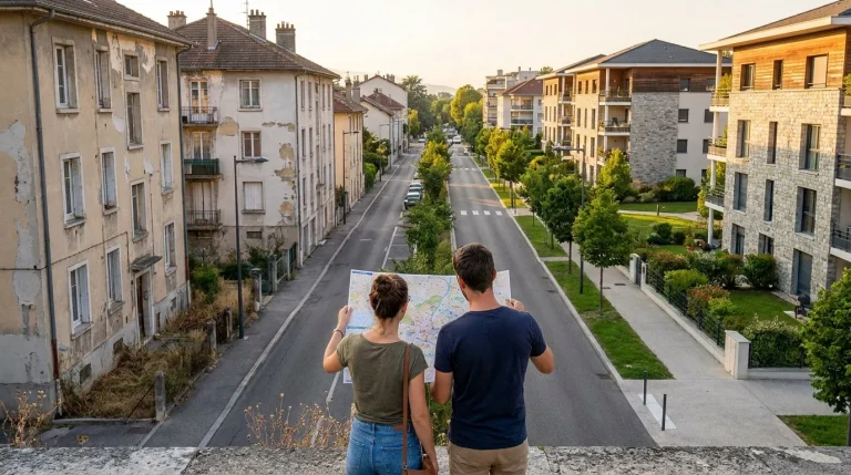 Un couple regardant une carte routière au-dessus d'une rue d'Aix-les-Bains avec des immeubles anciens et modernes.