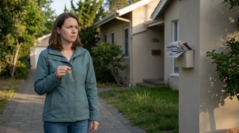 Une femme inquiète tient une clé devant une maison avec une boîte aux lettres remplie de courrier.