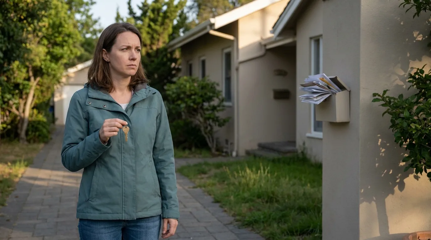 Une femme inquiète tient une clé devant une maison avec une boîte aux lettres remplie de courrier.