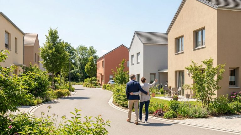 Un couple marche dans une rue résidentielle moderne et pointe vers une maison, projetant leur futur achat immobilier.