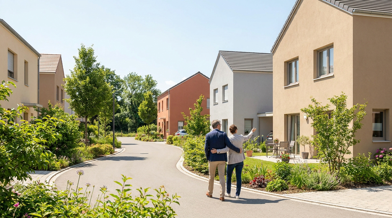 Un couple marche dans une rue résidentielle moderne et pointe vers une maison, projetant leur futur achat immobilier.