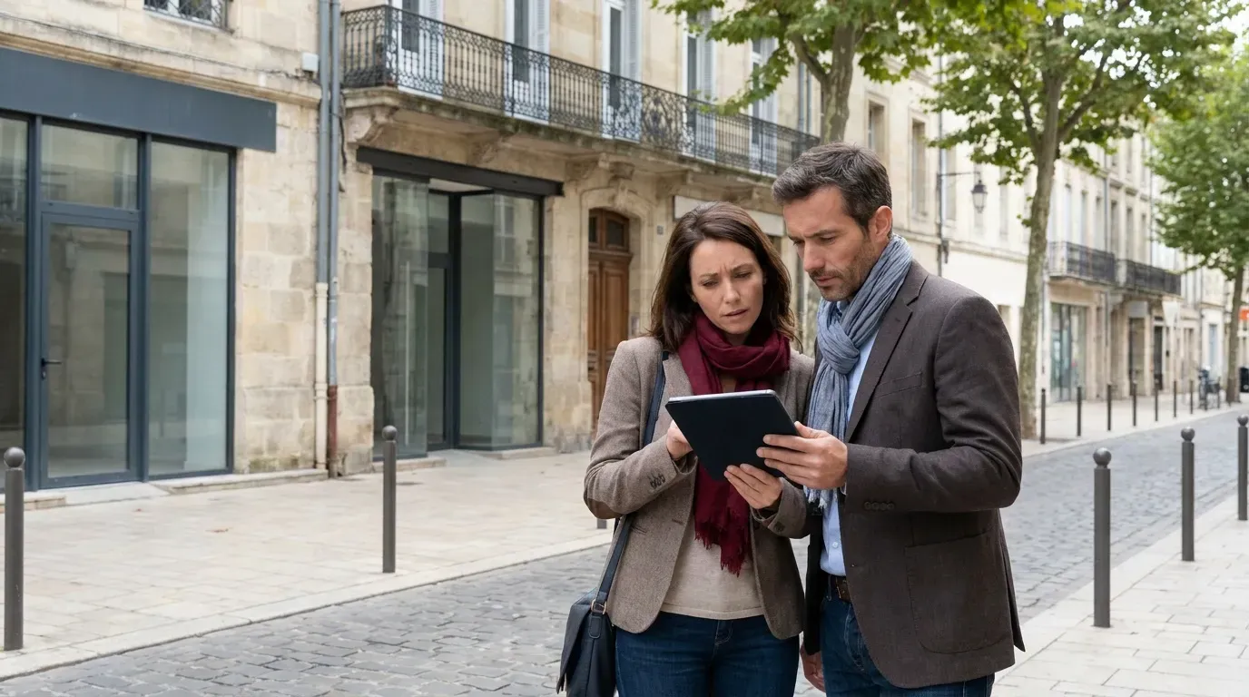 Un couple regarde attentivement une tablette numérique en marchant dans une rue calme du centre-ville.