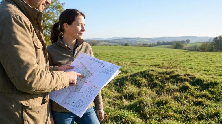 Homme et femme vérifiant un plan de terrain constructible dans un paysage vallonné et ensoleillé, pointant une zone.