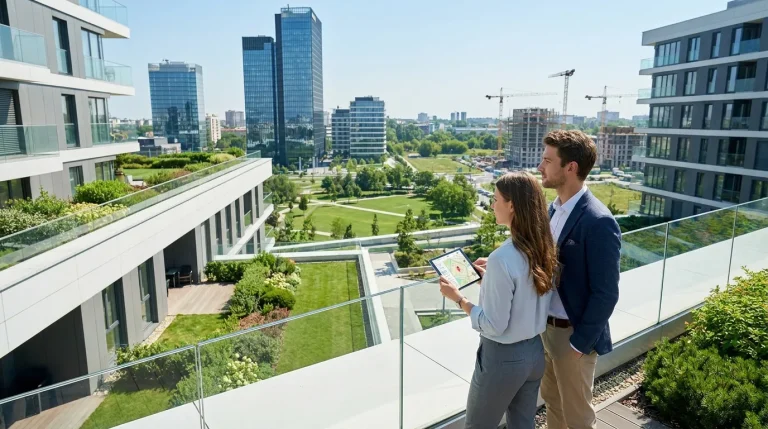 Un couple de professionnels observant la vue sur un quartier moderne et verdoyant de Nanterre depuis une terrasse.
