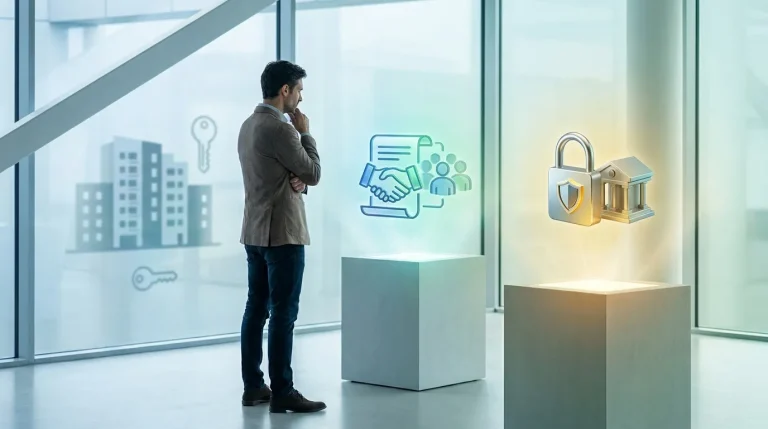 Un homme regarde des icônes holographiques de contrat et de banque représentant la sécurisation d'un investissement.