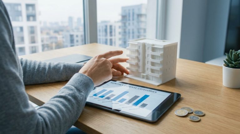 Personne examinant un graphique de dépenses sur une tablette à côté d'une maquette d'immeuble.