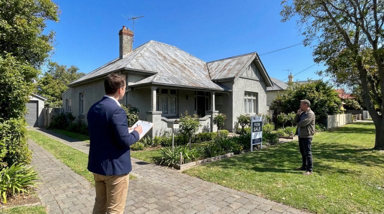 Un expert immobilier inspecte une maison à vendre avec un client devant une pancarte « À vendre ».