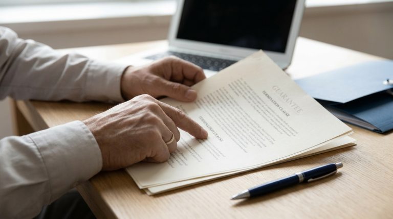 Une personne lit un contrat de garantie avec une clause de résiliation devant un ordinateur portable.