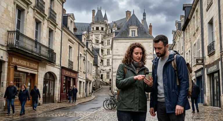 Deux personnes explorant les quartiers de Blois avec un smartphone