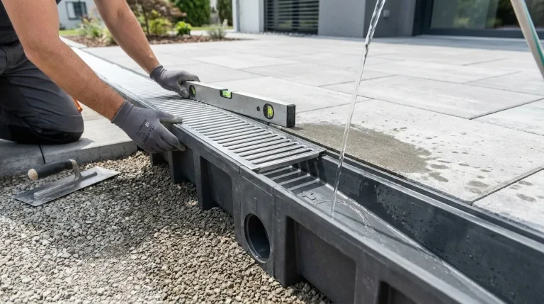 Un ouvrier installe un caniveau de drainage en utilisant un niveau à bulle sur une terrasse pavée.