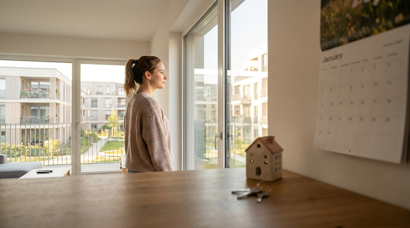 Une femme observe des immeubles depuis son appartement. Sur une table, une maison miniature et des clés symbolisent l'attente d'un logement social.