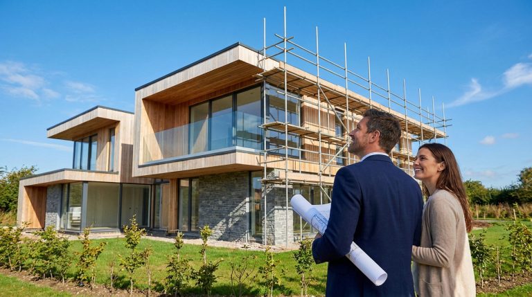 Un architecte et une cliente regardent une maison moderne en construction entourée d'échafaudages sous un ciel bleu.