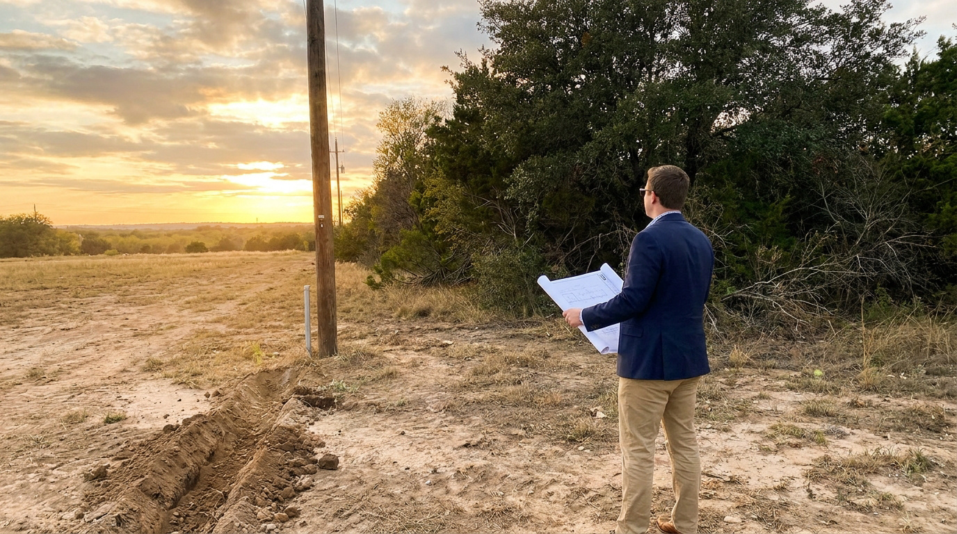 Un homme en costume examinant des plans d'architecture sur un terrain vide au coucher du soleil.