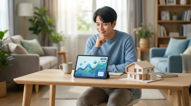Un homme consulte des données sur une tablette à côté d'une maquette de maison pour préparer son logement en 2026.