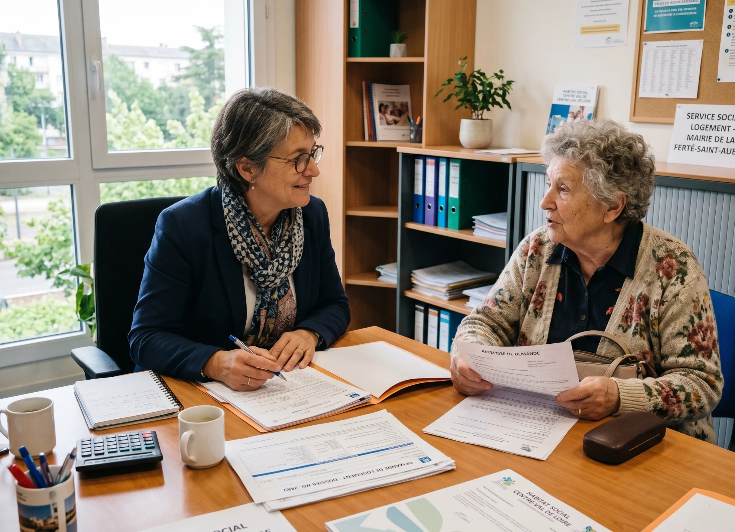 Conseiller en logement social recevant une locataire senior pour un entretien de relogement dans un bureau administratif