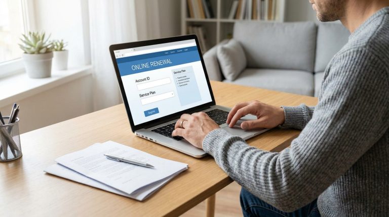 Un homme remplit un formulaire de "Renouvellement en ligne" sur un ordinateur portable, posé sur un bureau en bois clair. Des documents sont à côté.