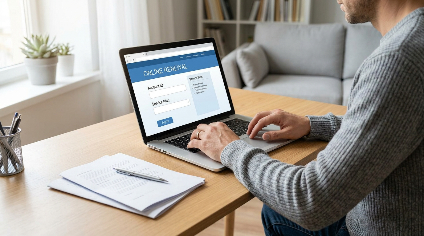 Un homme remplit un formulaire de "Renouvellement en ligne" sur un ordinateur portable, posé sur un bureau en bois clair. Des documents sont à côté.